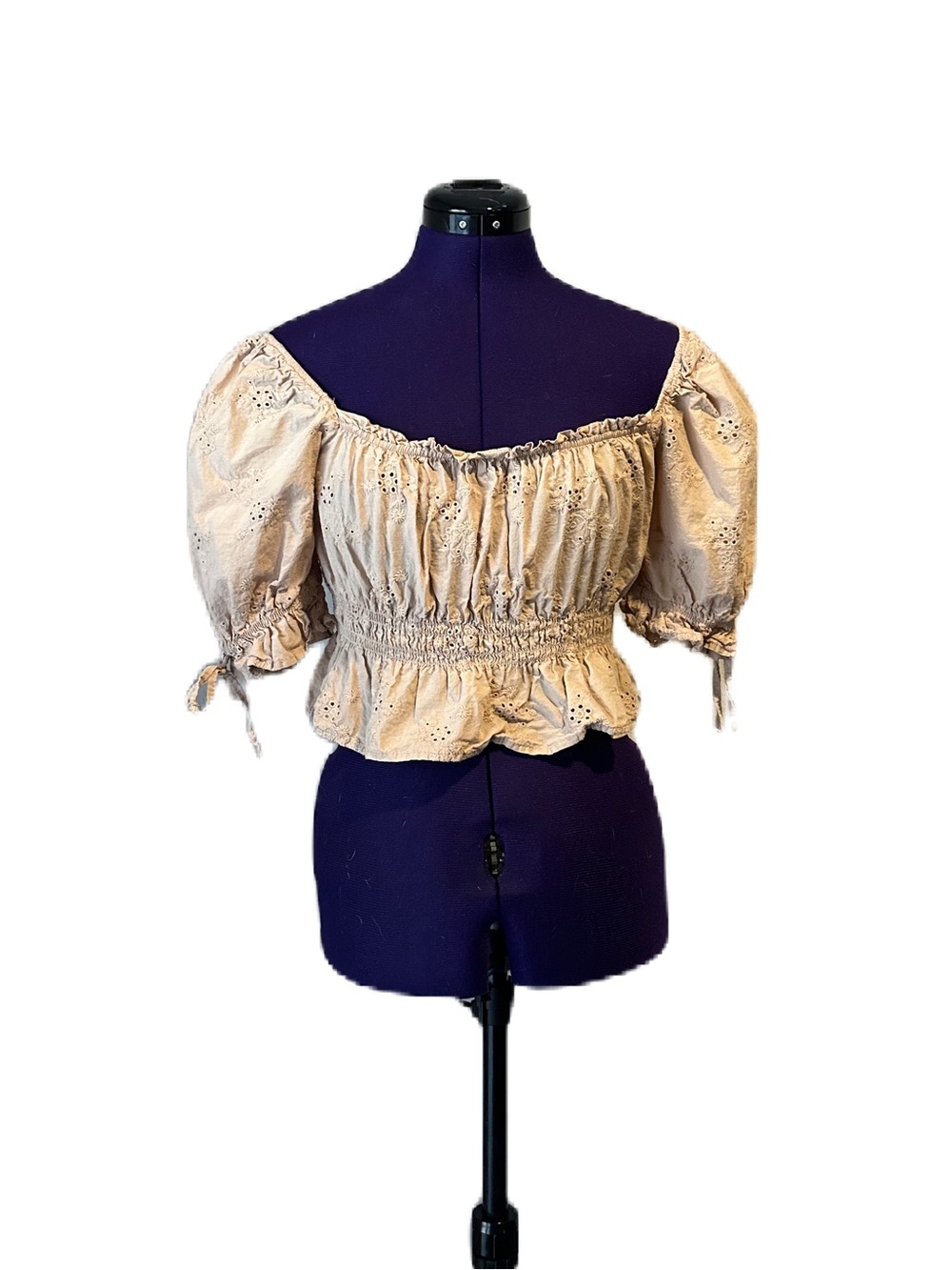 Tan Beige Eyelet Off Shoulder Puff Sleeve Crop Top